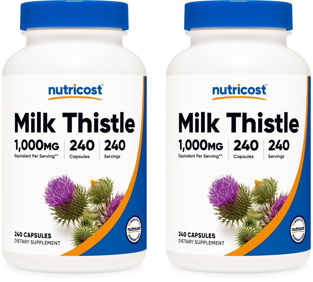Nutricost Milk Thistle 1 000 mg Ekvivalent, 240 kapsúl (2 balenia) - 250 mg extraktu 4:1 - Vegan, Non-GMO a Gluten Free