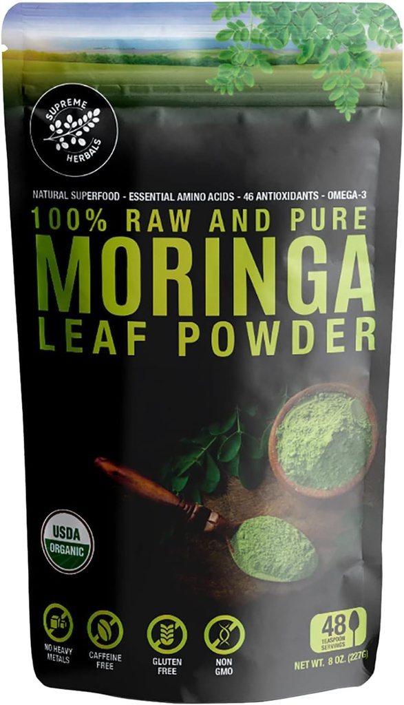 100% Raw a Pure Moringa Leaf Powder. Organic Certified Moringa Leaf. Prírodné superpotraviny s esenciálnymi aminokyselinami, antioxidanty, a Omega 3, 8 oz Odolný vak.