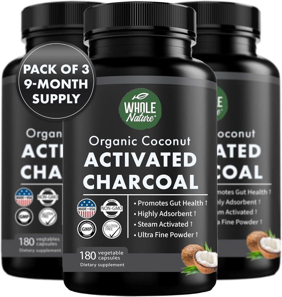 Kokosové aktivované Charcoal kapsuly, 180 Charcoal Kapsule, Teeth Whitening, Pomáha zápcha, Bloating, Žalúdočný plyn, Pálenie záhy, Pure Coconut Dedived Supplement (3)