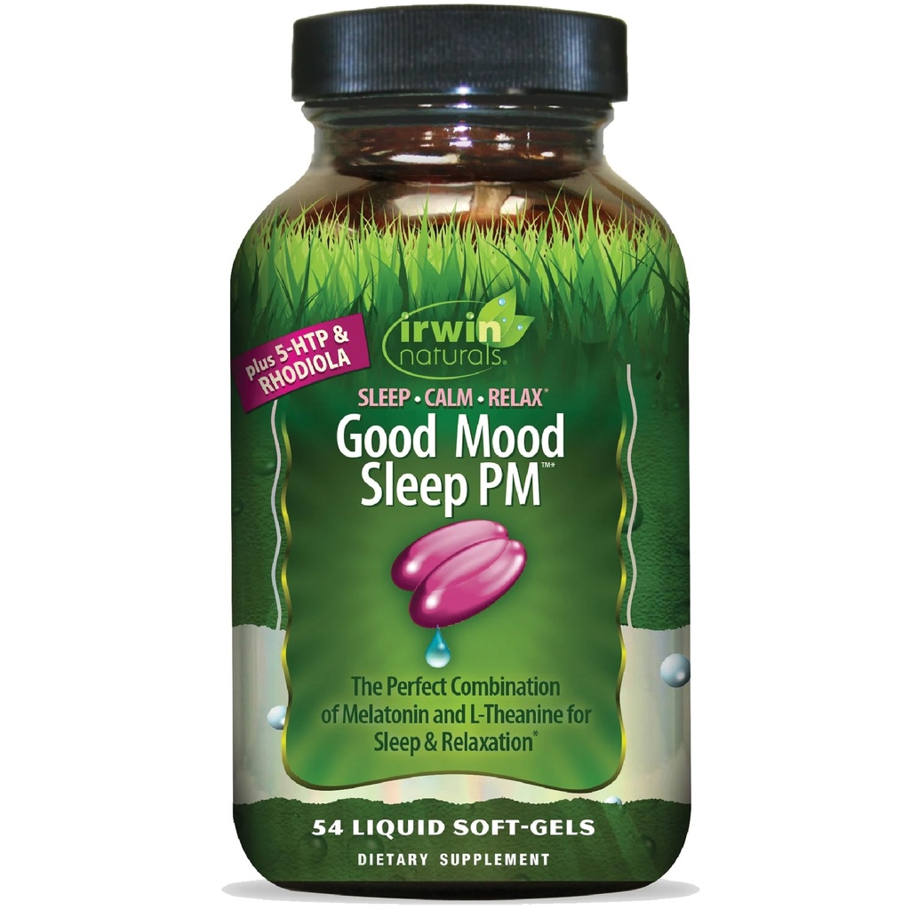 Irwin Naturals Good Mood Sleep PM - 54 Liquid Soft-Gels - s melatonínom a L-Theanine pre odpočinok a relaxáciu - 18 Celkové služby