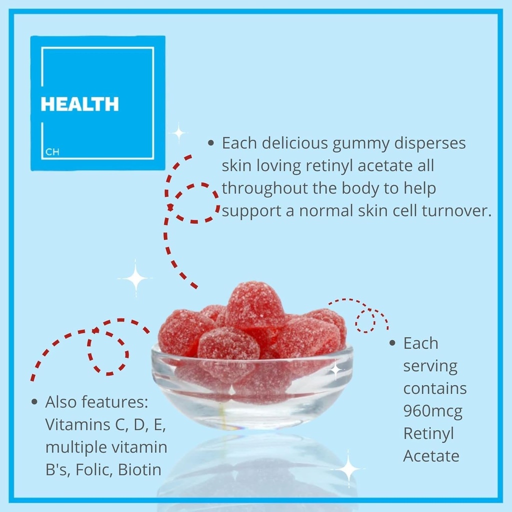 Consult Health Regenerol - Multivitamín Retinol Gummy - Anti-Aging vitamín A doplnok - žiariace, mladistvé a jasné kože silné vlasy a nechty - vitamín B6, B12, C,D3, kyselina listová, zinok - 60 Gummies