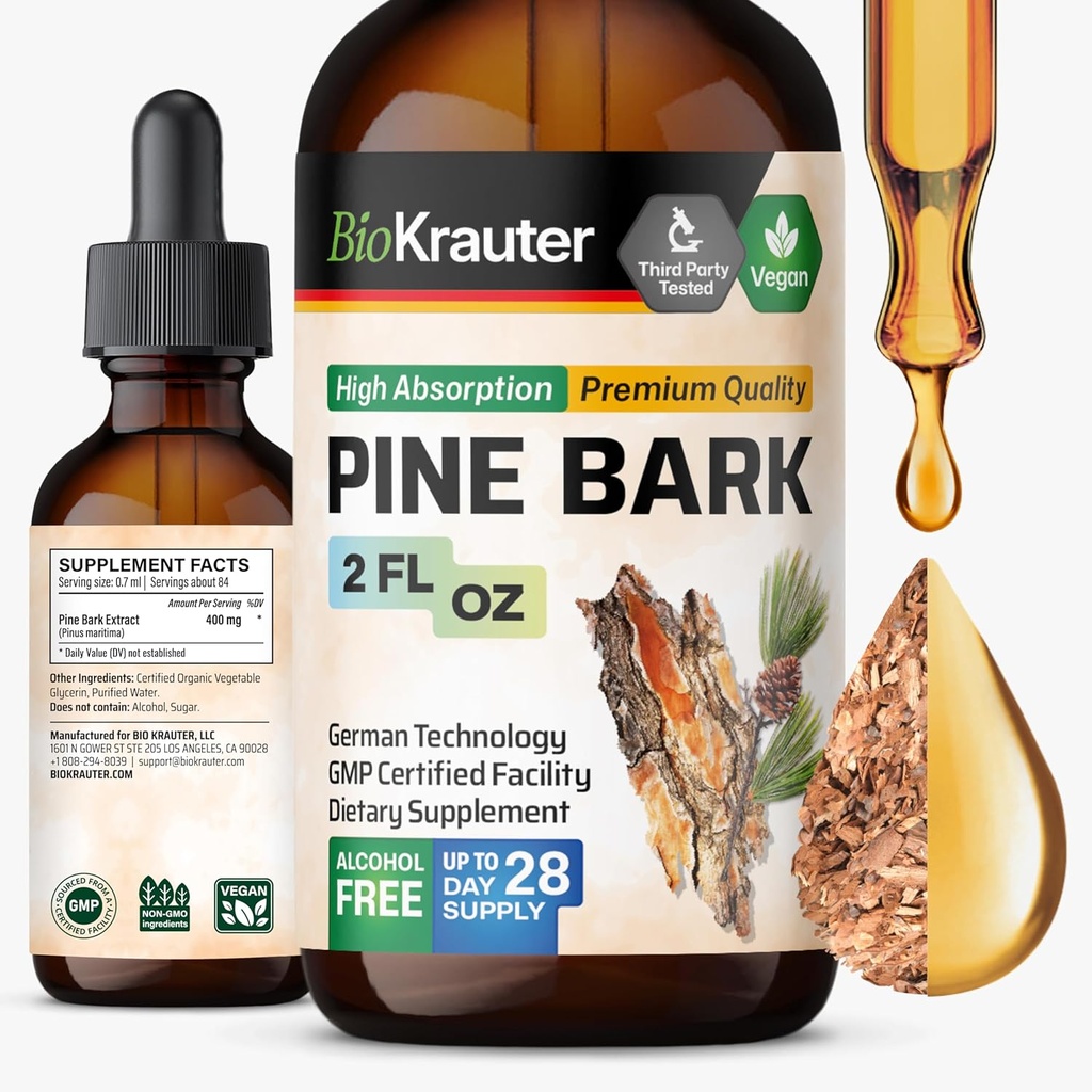 BIO KRAUTER Pine Bark Extract - bohaté na antioxidanty Liquid Supplement - 400 mg French Maritime Pine Bark Extract Drops - Vegan, Alkohol & Sugar Free - 2 Fl Oz