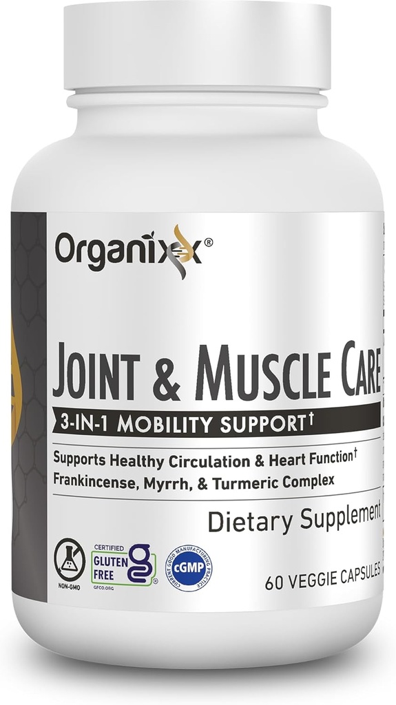 Organixx Organic & Muscle Care Organic Turmeric Supplement, 3-in-1 Frankincense, Turmerica a Myrrh Joint Health & Joint Suplement Body Care Capsules, Supports Opuch, Tension, 60 Kapsule