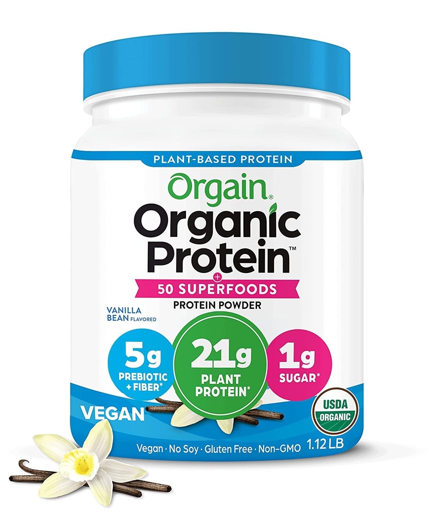 Orgain Organic Vegan Protein + 50 Superfoods Powder, Vanilla Bean - 21g Plant Based Protein, 8g Prebiotic Fiber, Žiadne zložky laktózy, Gluten bez, žiadny pridaný cukor, 1,12 lb (Backaging May Vary)
