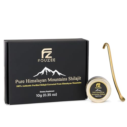 FOUZEE Pure Himalayan Mountains Shilajit - 77% + Fulvic Acid Authentic Hard Conformity, Natural Pramene of Fulvic Acid, Over 85 Trace Minerals, Obsahuje nerezovú oceľ Spoon (10 Grams)