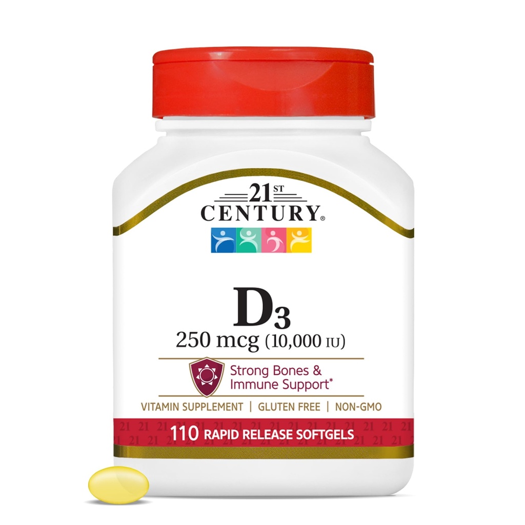 21. storočie Vitamín D3 250 μg (10 000 IU) Rýchle uvoľňovanie Softgelov, 110 Počet