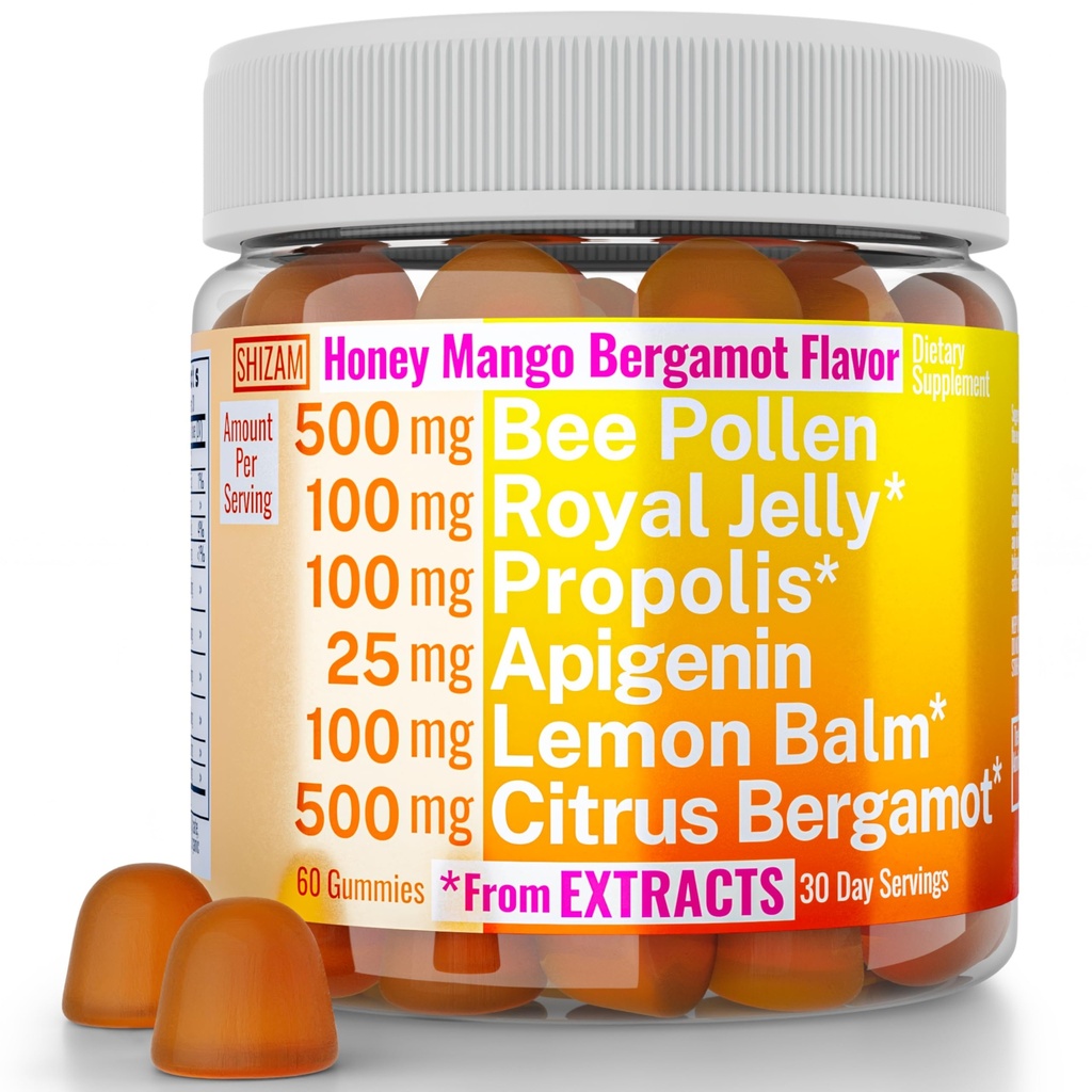Bee Pollen Apigenin Citrus Bergamot Gummies w Organic Propolis Royal Jelly Honey Lemon Balm Extract, Supplement for Men Kids, Tincture Drops Powder Kapsule Herb Kapsule Doplnky Alt, Pollan Polen