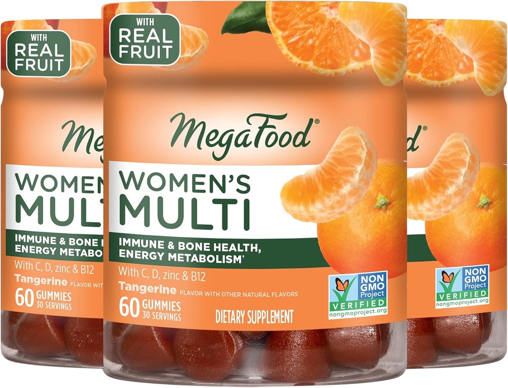 MegaFood Ženy Multi - Multivitamín pre ženy - Gumové vitamíny - vitamín C, vitamín D, zinok, vitamín B12 a cholín- Imunitná podpora a kostné zdravie- Vegetarián- Tangerine- 60 Gumies (30 porcií) 3 balenie