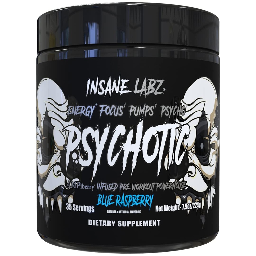Insane Labz Psychotic Black Edition Mid Stimulant Pre Cvičenie Powder, Energy Focus Pumps, Naložené s Creatin Beta Alanyne Taurine Natankované AMPiberry, 35 Servings (Modrá malina)