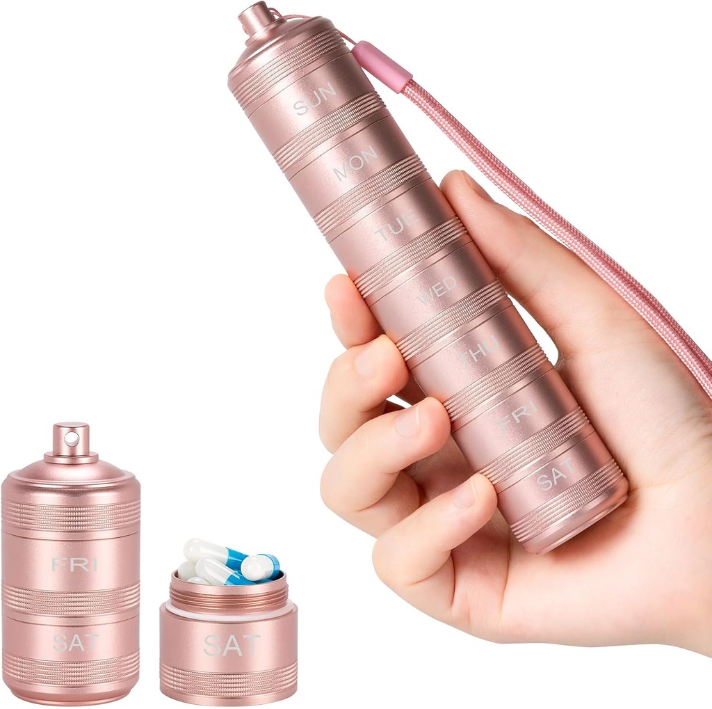 Portable Metal Pill Medicine Organizátor - Nepremokavé Pill Case Compact Travel Pill Box Týždenná hliníková zliatina Kontajner, 7 Day Daily Pill Organizátor Holder pre malé pilulky, Ružová S