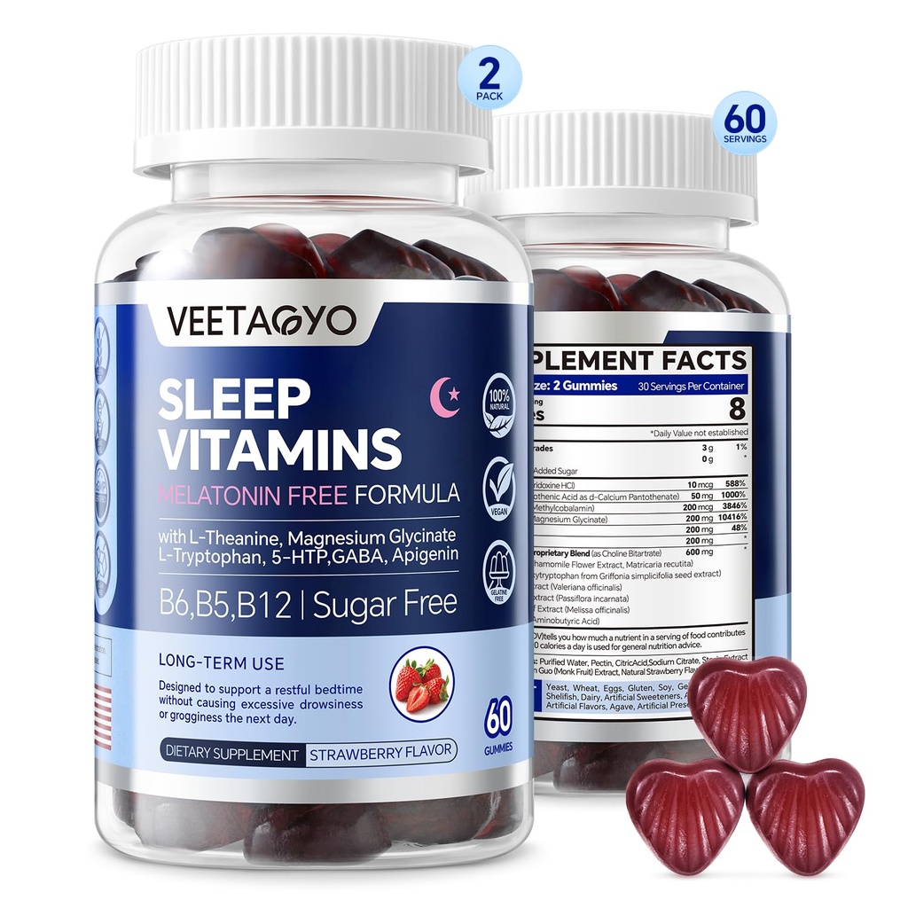 Melatonín bez obsahu 5-HTP GABA doplnok Gummy pre dospelých a deti 12+ s L-teanínom, glycinátom horečnatým, L-Tryptofánom, Apigeninom - bez cukru, jahodovou príchuťou, Veganom, 120 grófmi