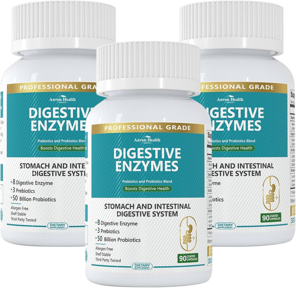 800mg Digestive Enzymes for Men and Women with Probiotics & Prebiotics, 8 Key Enzymes, Protease, Amylase & Lipase | 270 Capsules - A 90-Day Supply for Bloating & Gas Relief - Non-GMO