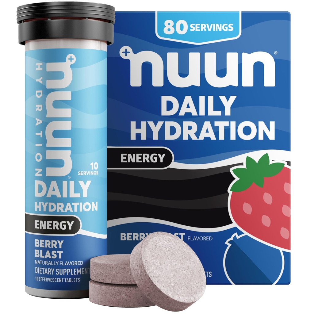 Nuun Energy Electrolyte tablety s ženšenom, kofeínom z extraktu zeleného čaju, vitamín B12, B6, B5, horčíkom a 4 ďalšími elektrolytami, lepidlom zdarma a vegánom, Berry Blastom, 8 balení (celkovo 80 dávok)