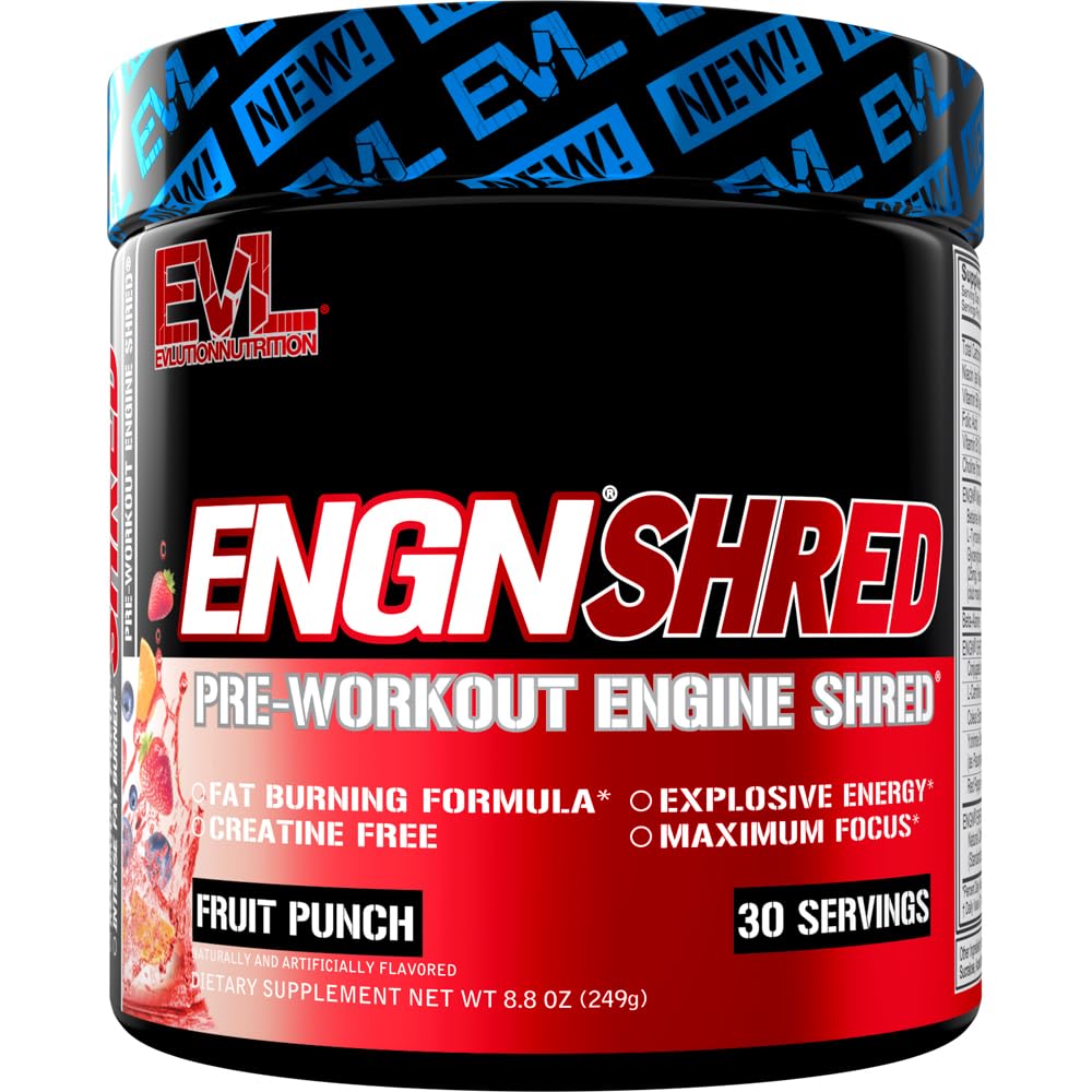 EVL Ultimate pred tréningom Powder - Termogénna podpora spálenia tukov Powder Drink pre trvalú energiu Focus a výdrž - ENGN Shred Intense Creatin Free Preworkout Drink Mix - Fruit Punch