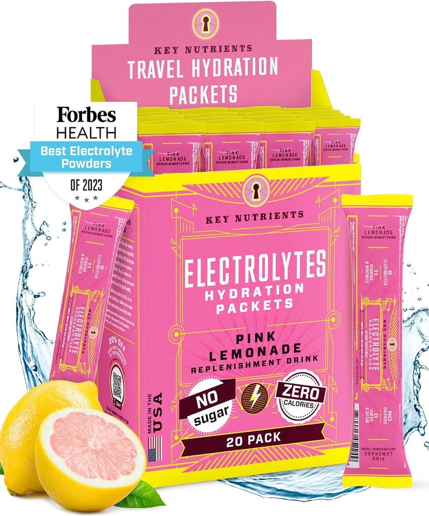 KĽÚČOVÉ NUTRIENTY Powder Pakety Electrolytes - čerstvá ružová limonáda 18 hydratačné pakety - Cestný hydratačný prášok - bez cukru, bez kalórií, bez lepidla - Vyrobené v USA