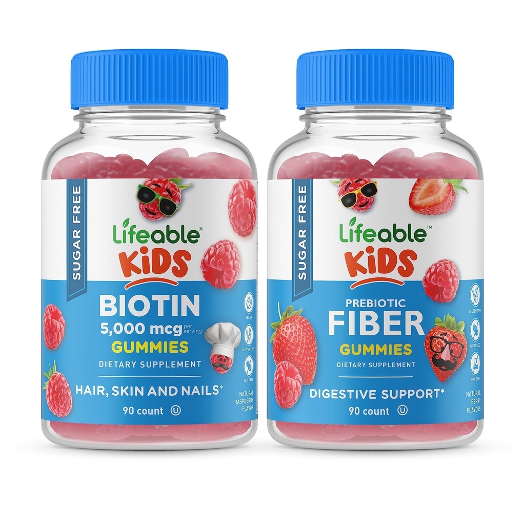 Životaschopné bezcukru Biotin deti + preciotické Fiber Kids, Gummies Bundle - skvelá ochutnávka, vitamín Supplement, Gluten Free, GMO Free, Žuvacia Gummy