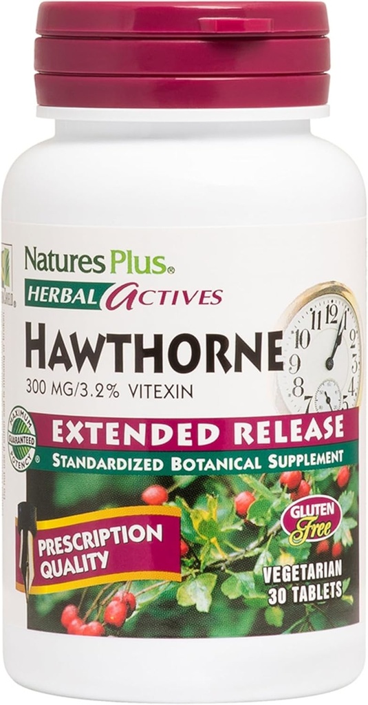 Natures Plus bylinné aktívne Hawthorne - 300 mg, 3,2% Vitexin, 30 Vegan Tablets - 30 Servings