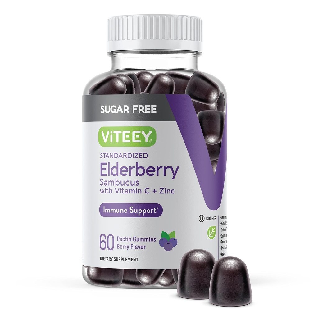 VITEJSKO Sambucus Staršie plody Gummy pre dospelých & Teens + Zinok a vitamín C - bez cukru - Imunitná podpora a booster bylinné doplnky - Vegan, bez lepku, želatína, bez GMO, Chewable Berry Ochutené