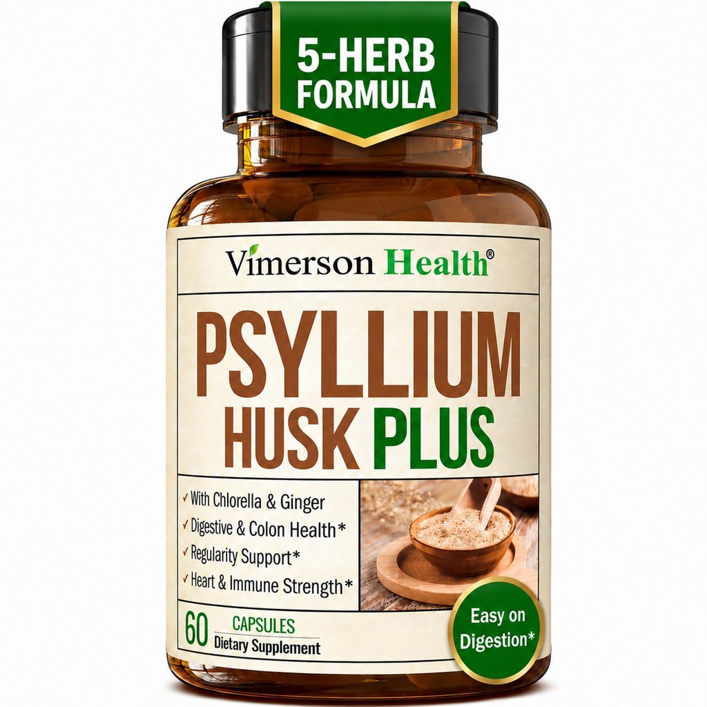 Fiber Supplement with 1080mg Psyllium Husk Powder, Slippery Elm for Women & Men, Ginger Root 