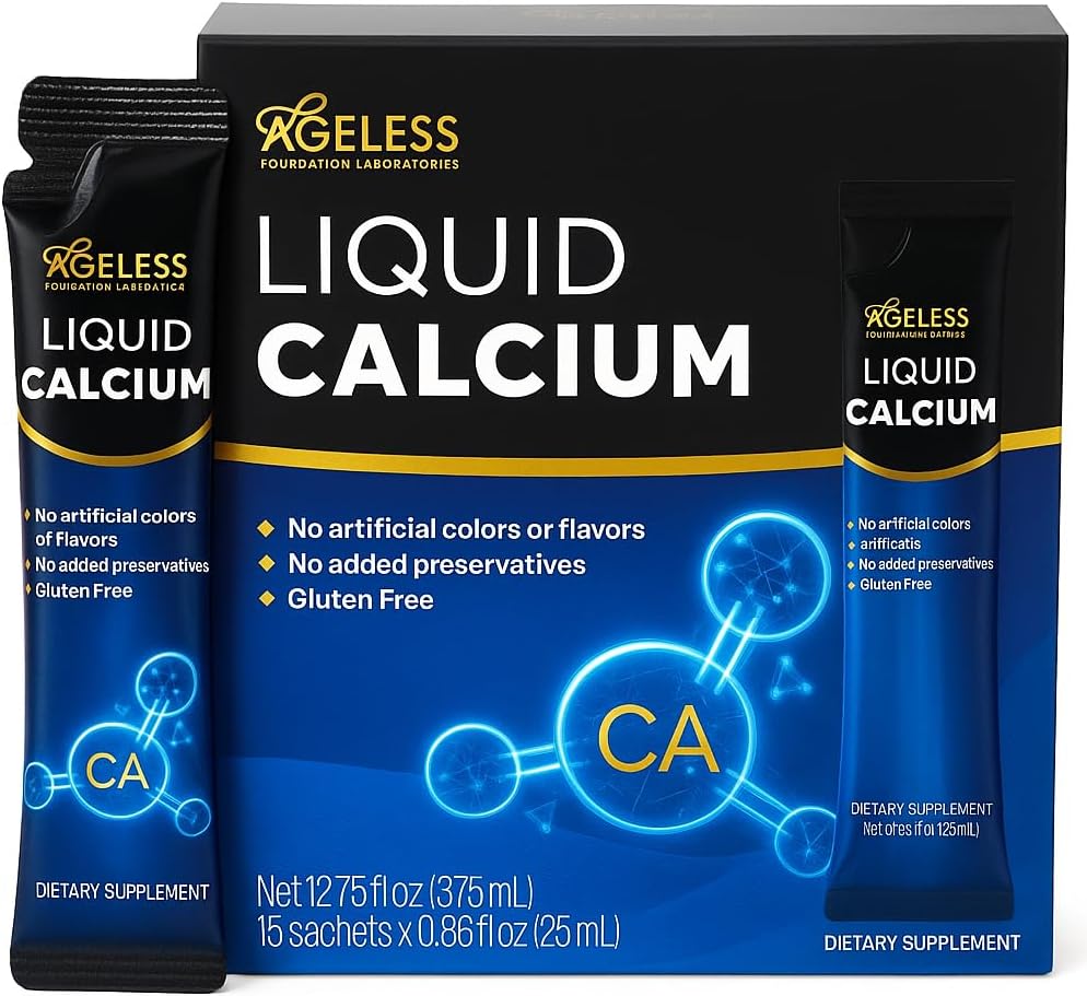 Ageless Liquid Calcium Supplement for Women & Mans with Sea Bass Extract and Vitamin D8 - High Absorbtion Bone Strength Supplements, Natural Chlavor, Gluten-free - 25 ml (15 Počet)