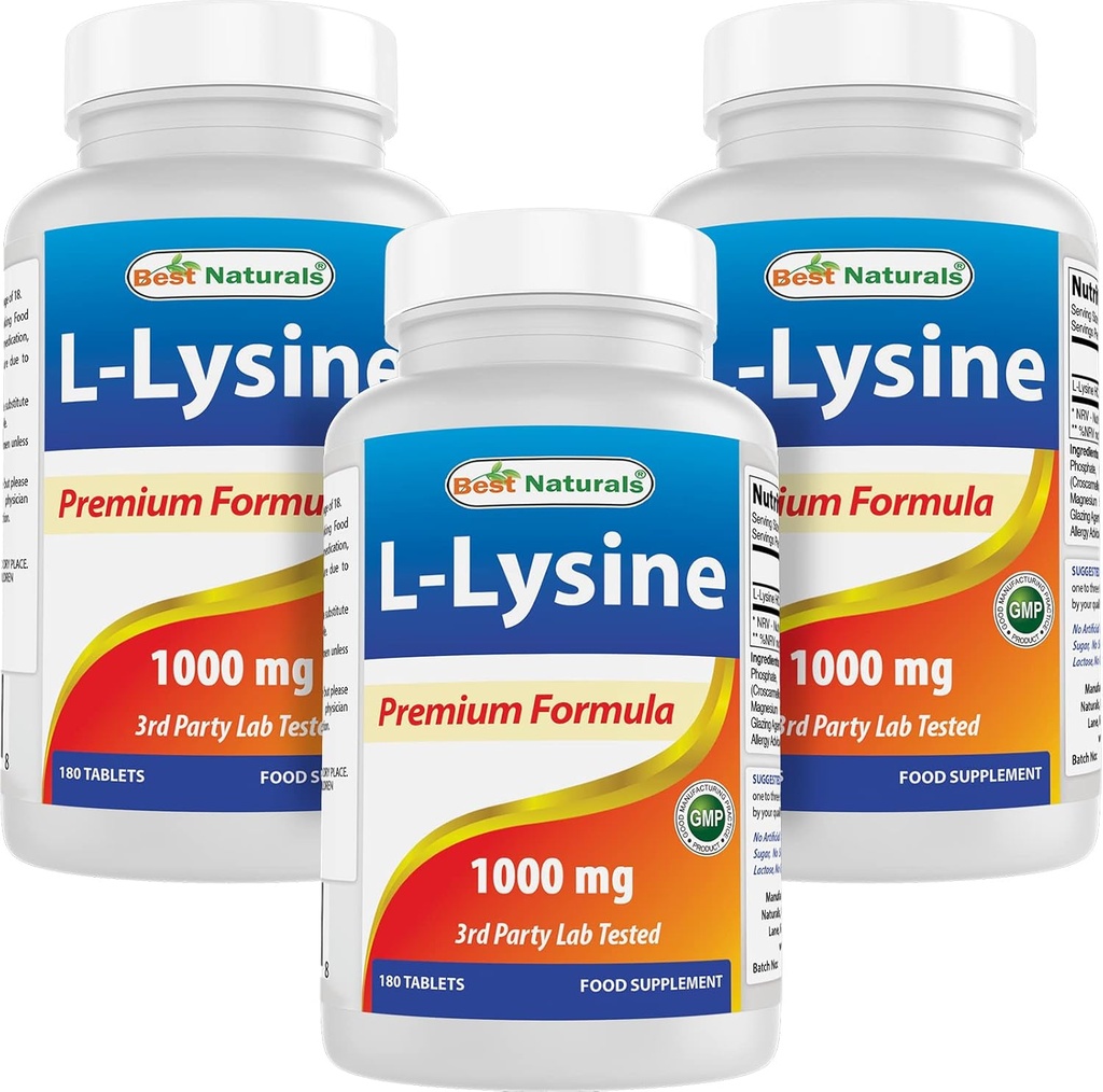 Najlepšie prírodné L-lyzín 1000 mg 180 tabliet (180 Počet (Pack of 1)) (3 fľaše)