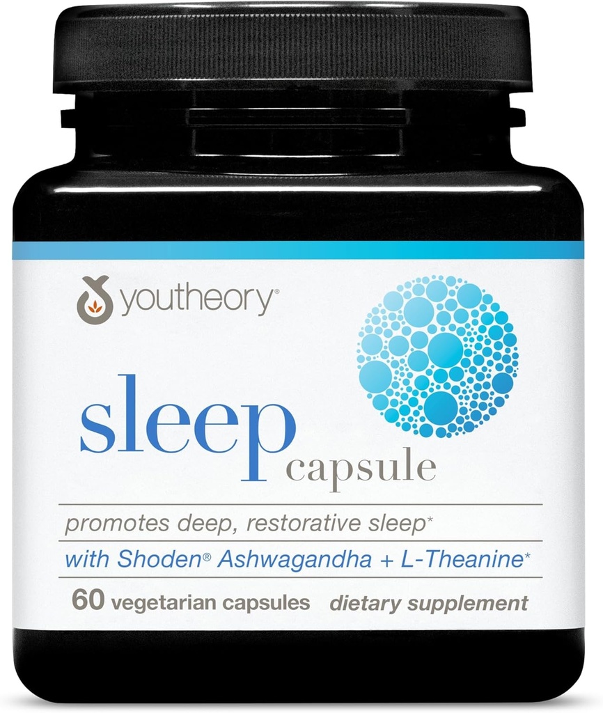 Youtheory Sleep Capsule - Vegan Sleep Support Supplement with Passion Flower, Lemon Balm, L-theanine & Ashwagandha* - 60 Vegetariánske kapsule