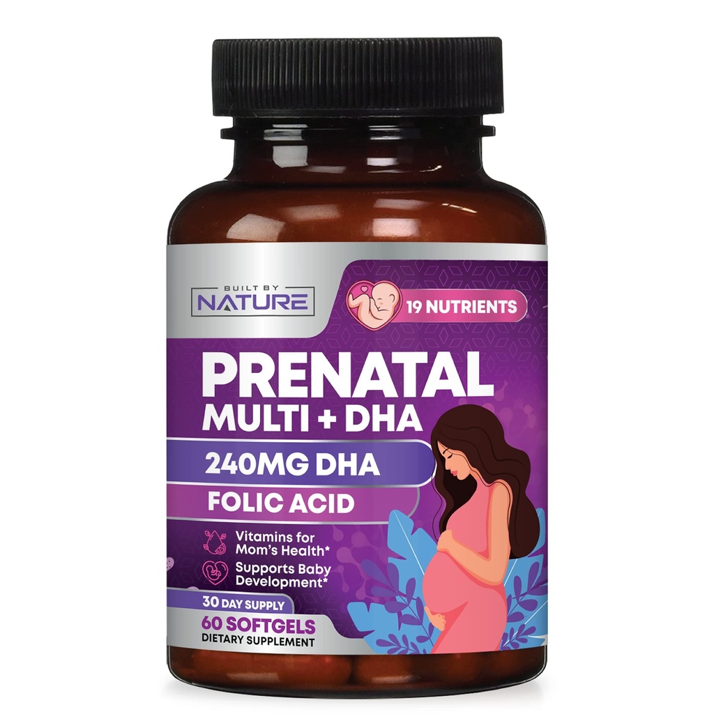 Prenatálne vitamíny pre ženy - Multivitamín s DHA, kyselina listová, vitamín C, B12, železo a Omega-3 - Pred, Počas a po tehotenstve doplnok pre zdravý rast a rozvoj mozgu - 60 Softgels