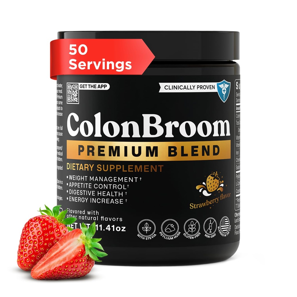 ColonBroom Premium Powder Supplement (Jahoda) - Colon Broom Psyllium Husk Powder Drink - bez lepku, Non-GMO Colon čistí úľavu od chuti a zdravia, 50 Slúži