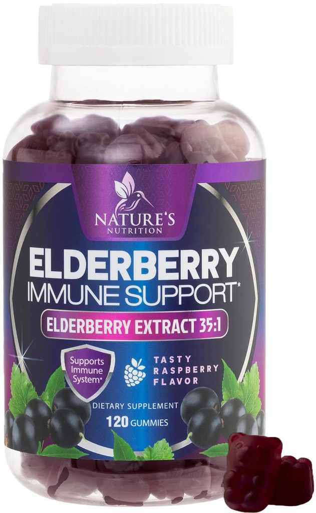 Brusnice Immune Support Gummies - Super Concentrated 35:1 Extract, Equivalent to 4200mg of Elderberries - Sambucus Black Elder Berry Vitamin Supplement, Daily Support for Kids & Adults - 120 Gummies