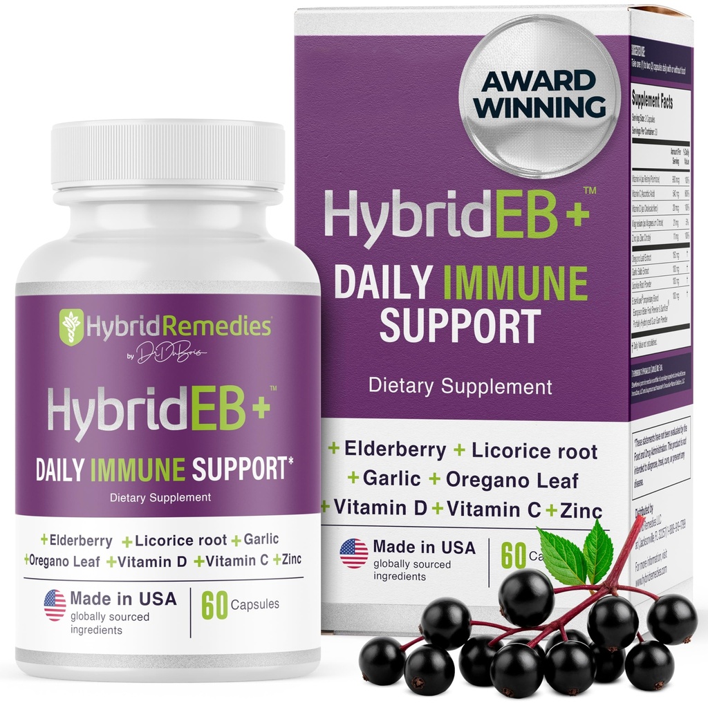 HybridEB Sambucus Staršie plody Imunitná podpora s vitamínom C, zinkom, vitamínom D3 - Antioxidantom a imunitou doplnok, 1 mesiac dodávky - 9 v 1 Black Staršie deti a dospelí - 60 kapsúl