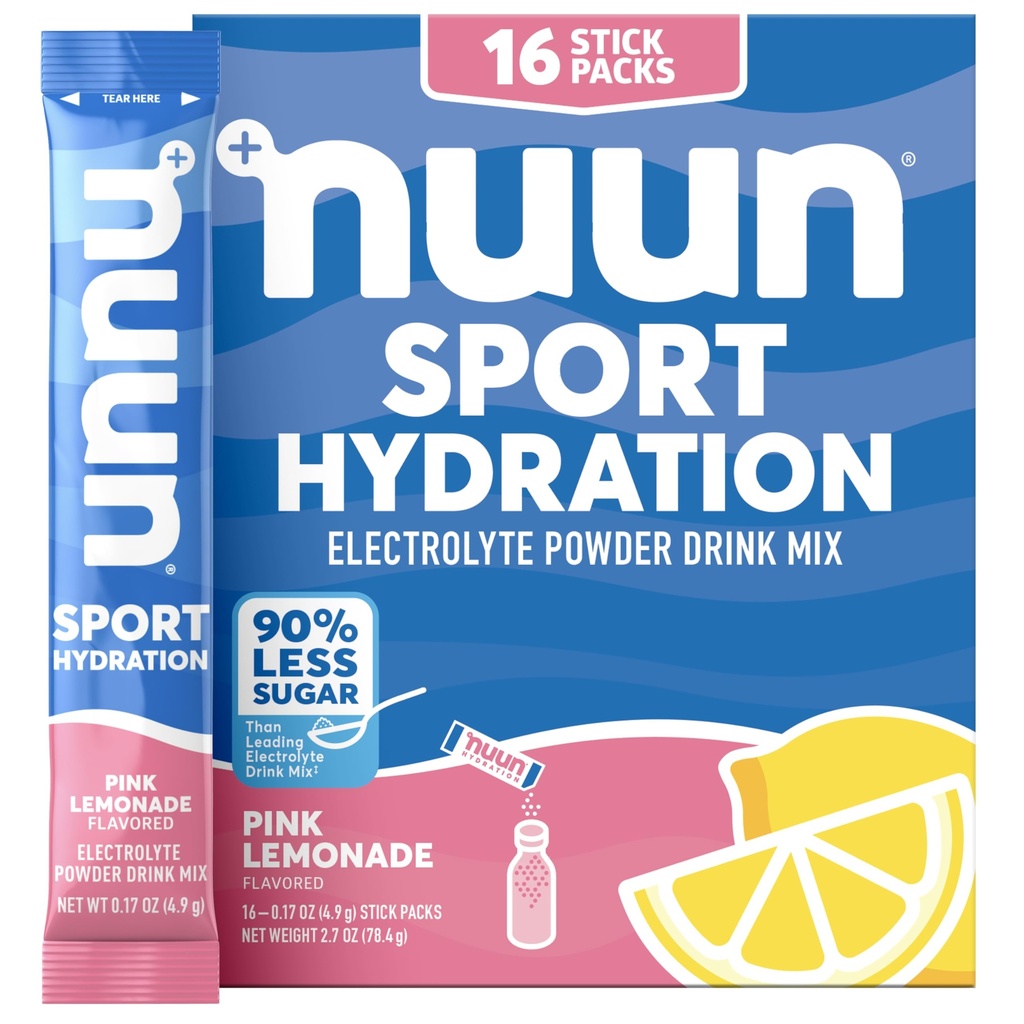 Nuun Sport Electrolyte prášok balíčky s horčíkom, vápnikom, draslíkom, chloridom a sodíkom, hydratačné balíčky pre On-the-Go, ružová citrónová príchuť, lepidlo zadarmo & Vegan, 16 Single Servings