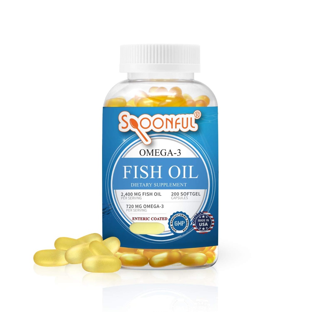 Spoonful Omega 3 Fish Oil Enteric Coated 2400mg, 200 Kapsule, Burpless, Rapid Release Softgel Kapsule, Made in USA, NSF-Certified