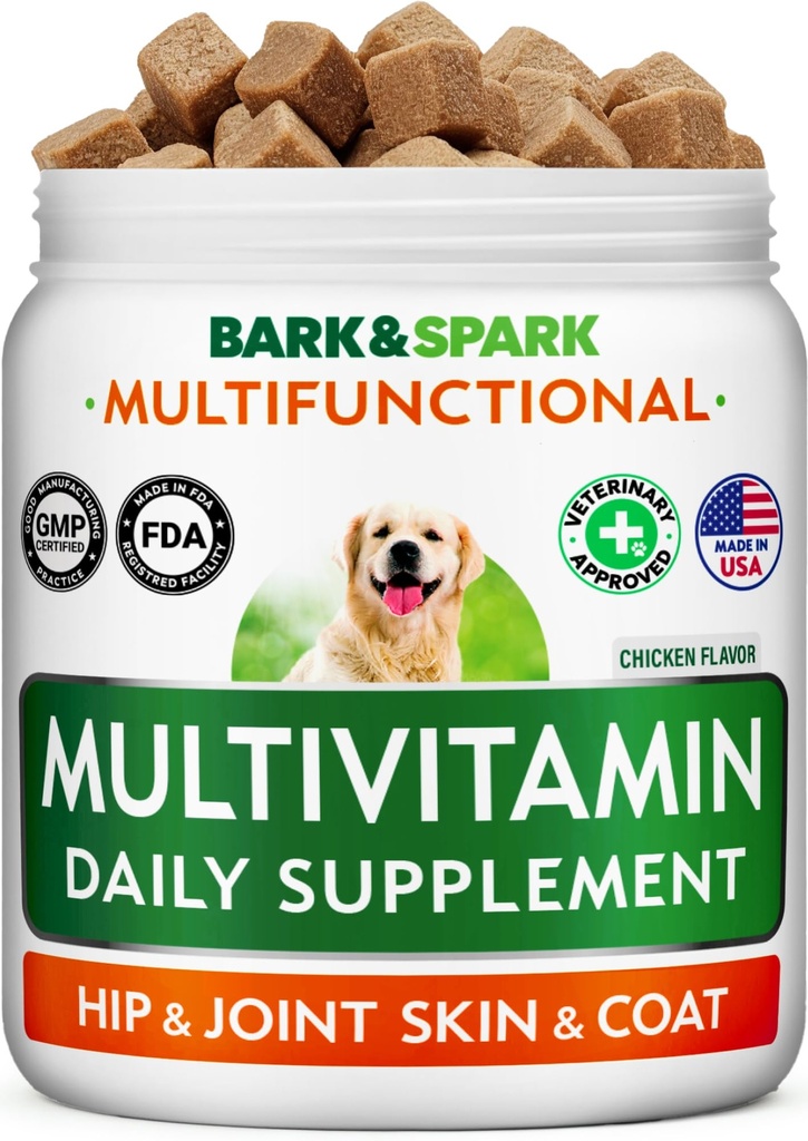 BARK&SPARK Psie vitamíny a doplnky - Multivitamínové žuvacie prípravky pre psy - Glukozamín Chondroitín pre spoločnú podporu + Omega pre pokožku a pokožku + probiotiká - Multi Vitamín pre zdravie domácich zvierat - 120Ct