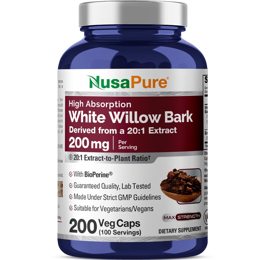 NusaPure White Willow Bark 20:1 extrakt, 200 mg ekvivalent 4000mg, 200 Veggie Capsules, Max Strength, (Non-GMO, Vegan)
