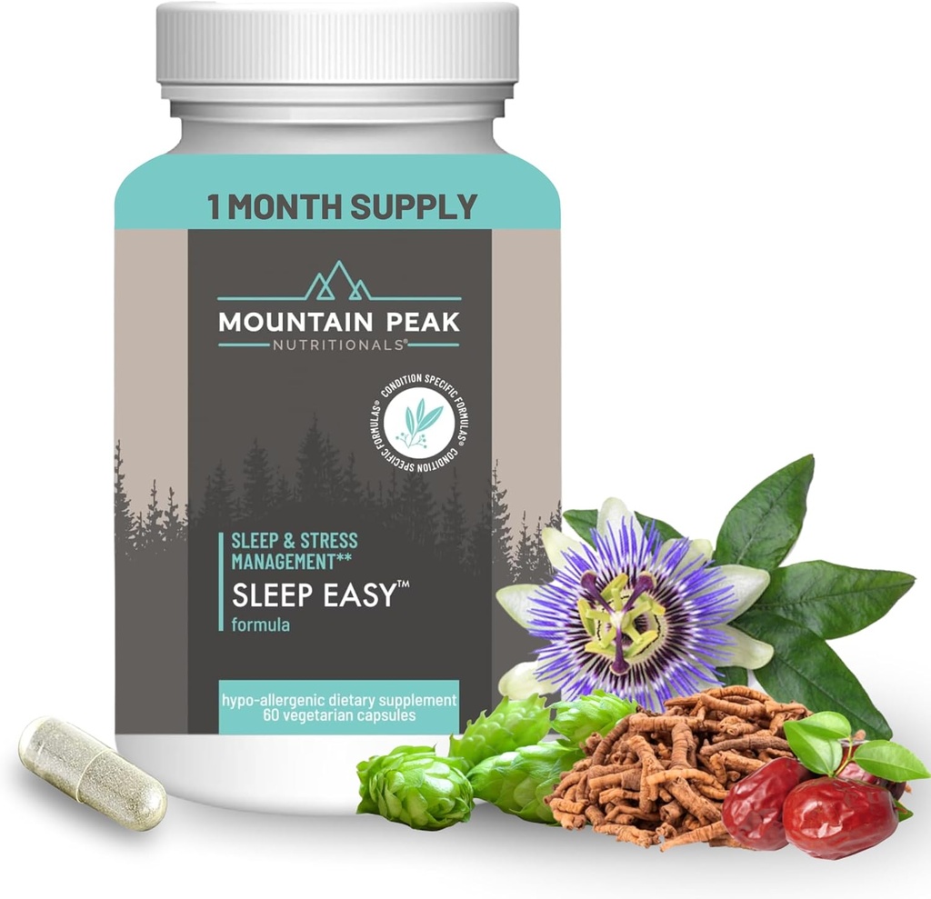 Mountain Peak Nutritionals Spánok Easy - Podpora spánku Doplnková podpora Relaxovaná a pokojná nálada - 5-HTP, aminokyseliny, melatonín, a horčík - Hypoalergénne Dietary Supplement (60 kapsúl)