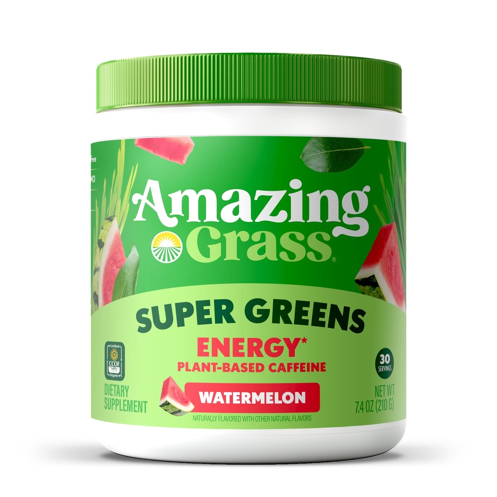 Amazing Grass Greens Blend Energy: Smoothie Mix, Super Greens Powder & Plant Based Caffeine with Matcha Green Tea & Repee Root Powder, Watermelon, 30 Servings (Backaging May Vary)