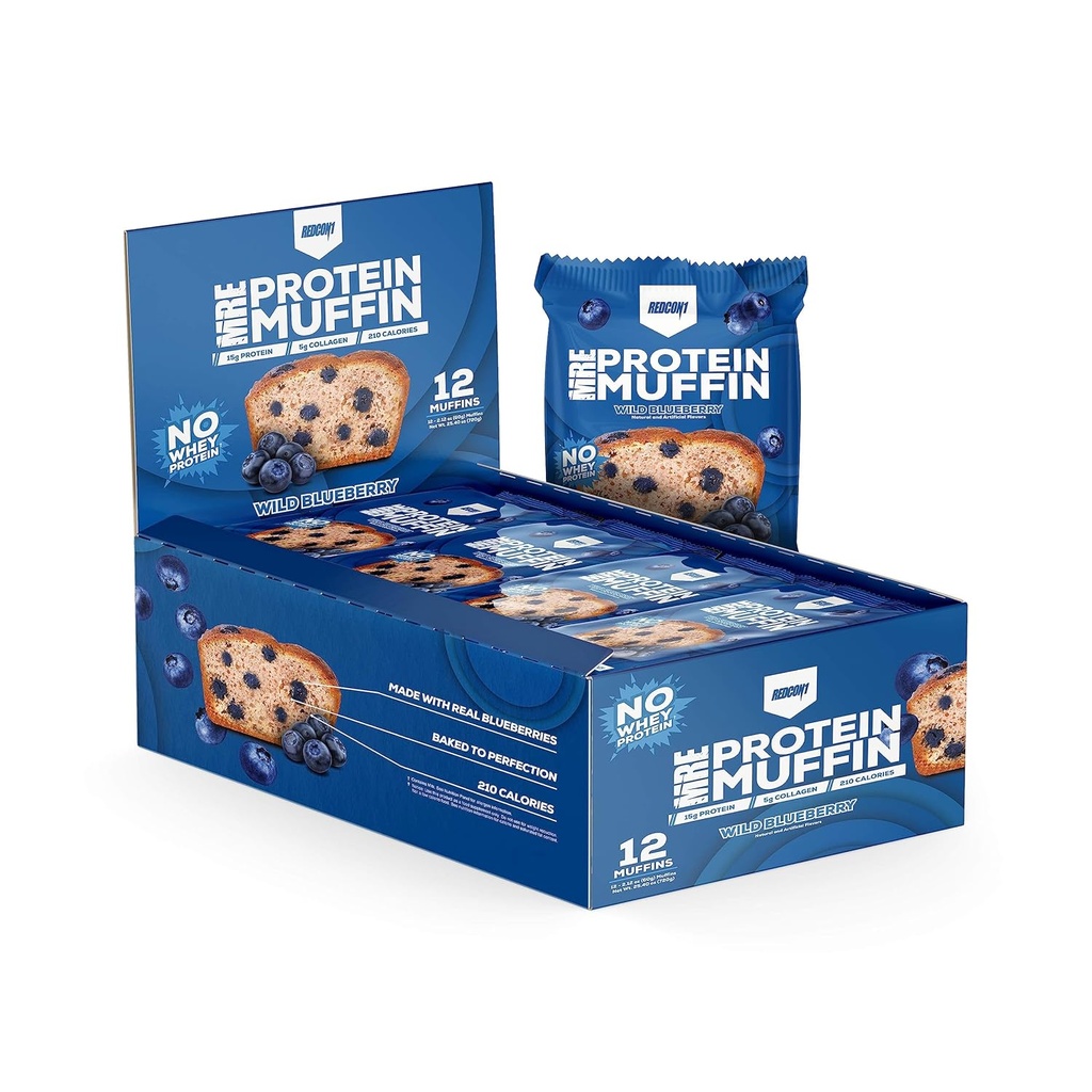 REDCON1 MRE Muffin - Celé jedlo 15g Bielkoviny Muffin - Žiadne srsť a ľahko sa dá odstrániť - Pomoc Boost Energy & Fuel Muscle - Wild Blueberry Chute Protein Snack (12 Muffins)