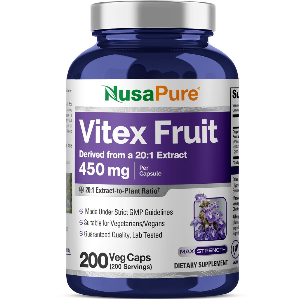 NusaPure Vitex Chasteberry Fruit 20:1 Extract, 450 mg Ekvivalent s 9,000 mg 200 Vegan Capsules - Non-GMO, Vegan Dietary Supplement
