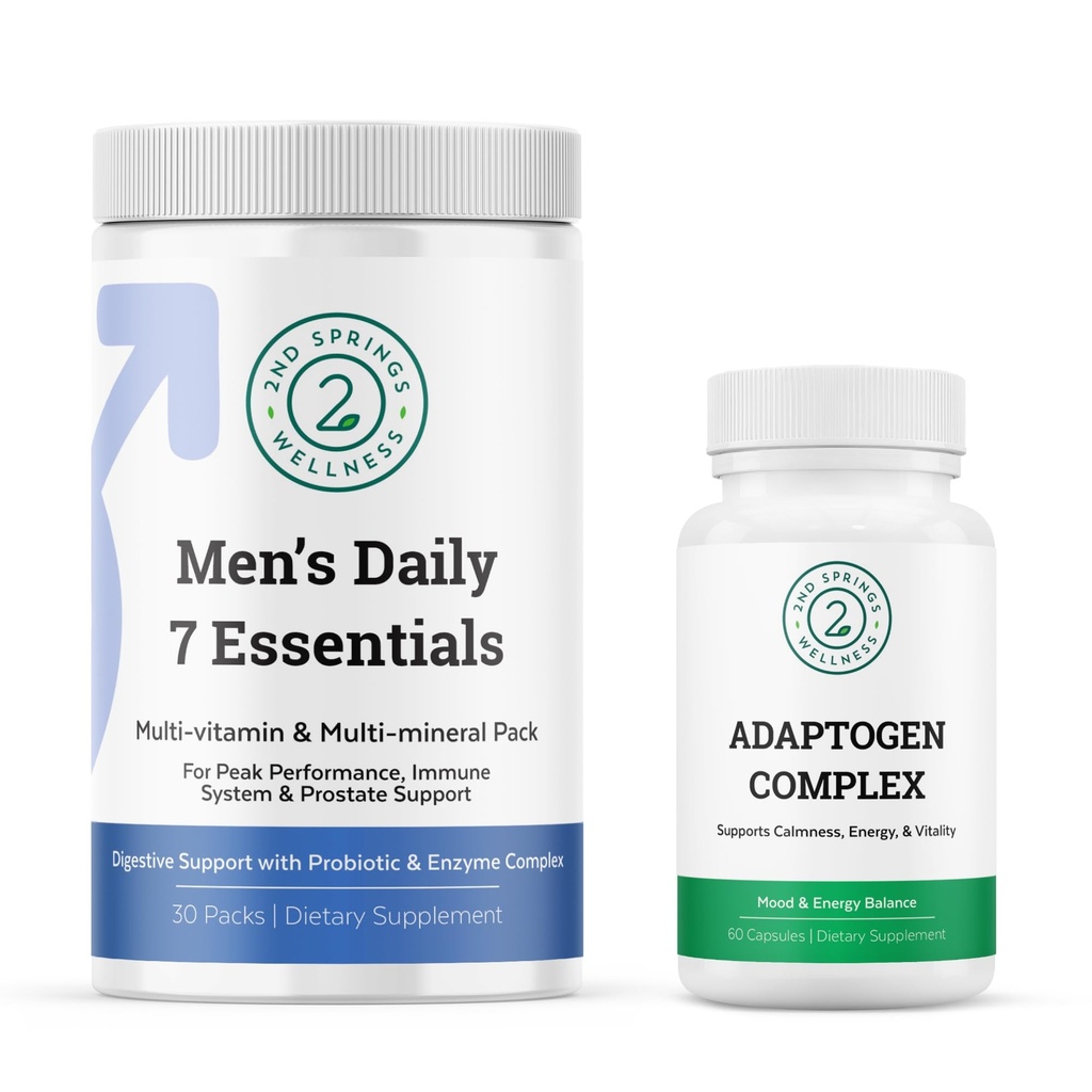 Pánska denná 7 Essentials & Adaptagen Complex Bundle - Kompletné multivitamínové balenie a podpora prispôsobenia stresu pre mužské optimálne zdravie