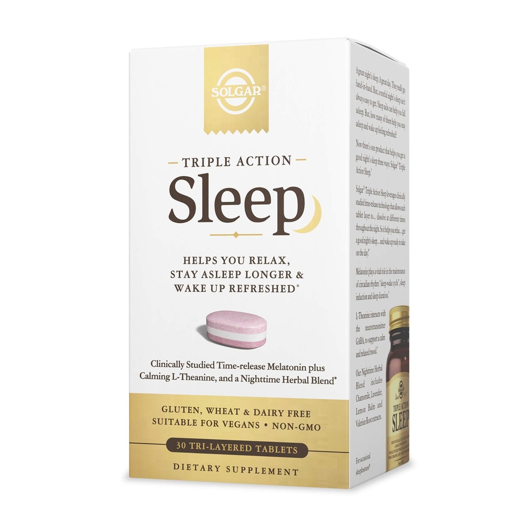 Solgar Triple Action Sleep, 30 Tri-Layer Tablety - Time-Release Melatonin & L-Theanine Plus Herbal Blend - Pomáha vám relaxovať, spadnúť Asleep Fast & Stay Asleep longer - Non-GMO, Gluten Free - 30 Servings