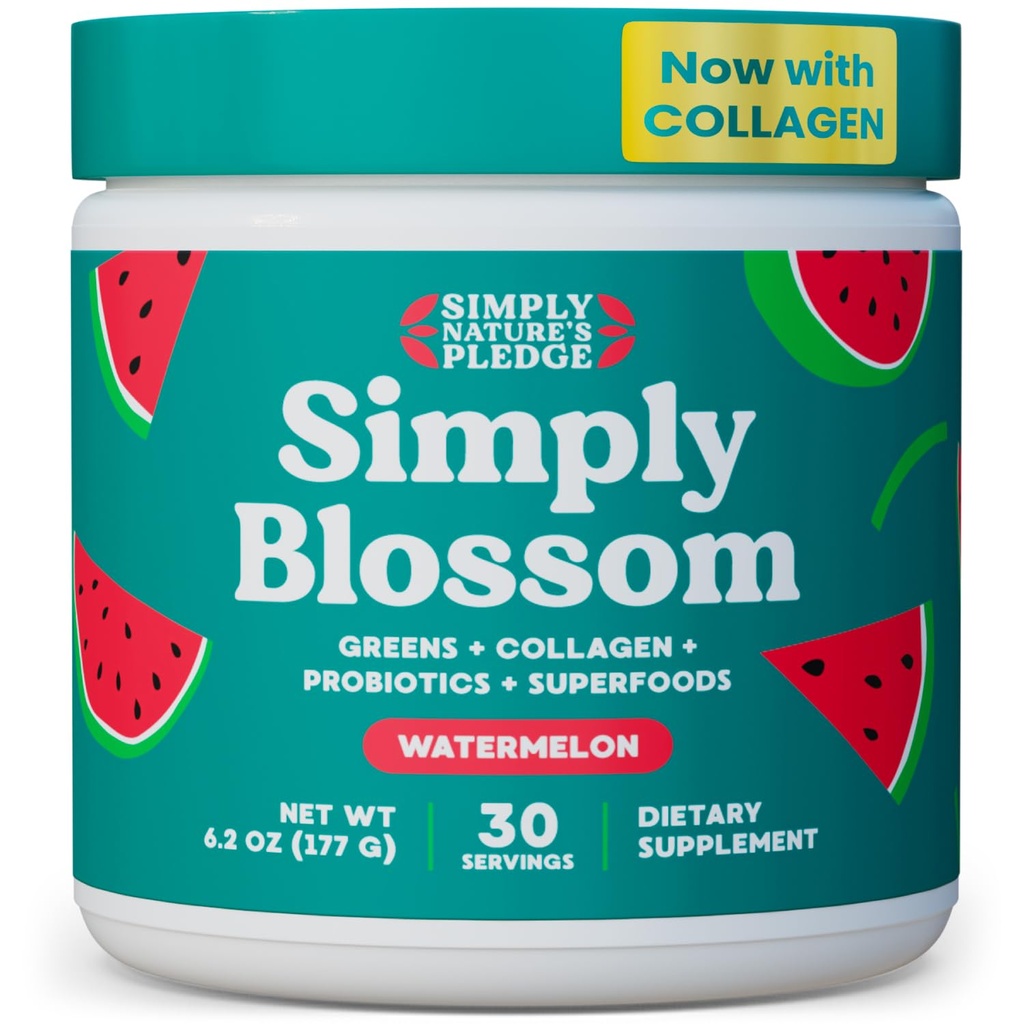 Jednoducho Blossom Nutrition Daily Greens & Superfood Powder + Collagen + Probiotiká pre ženské trávenie zdravie a úľava od chuti. Pomôžte svojmu zdraviu kvitnúť - 30 dní dodávky - melón vodový