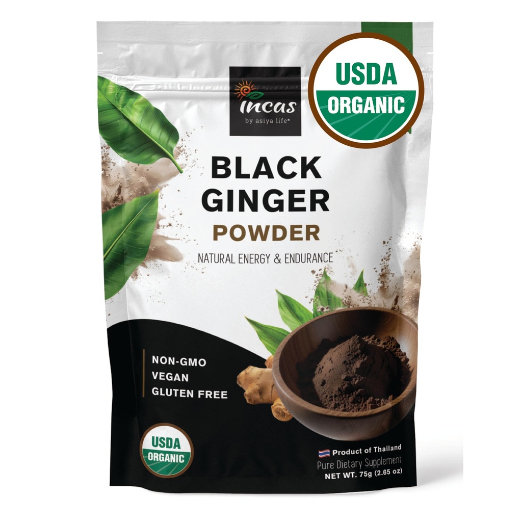 INCAS 100% USDA Organic Thai Black Ginger Powder Pre mužov 2.65 Ounce z Thajska Non GMO Overené bylinné doplnky pre prírodnú energiu a vytrvalosť