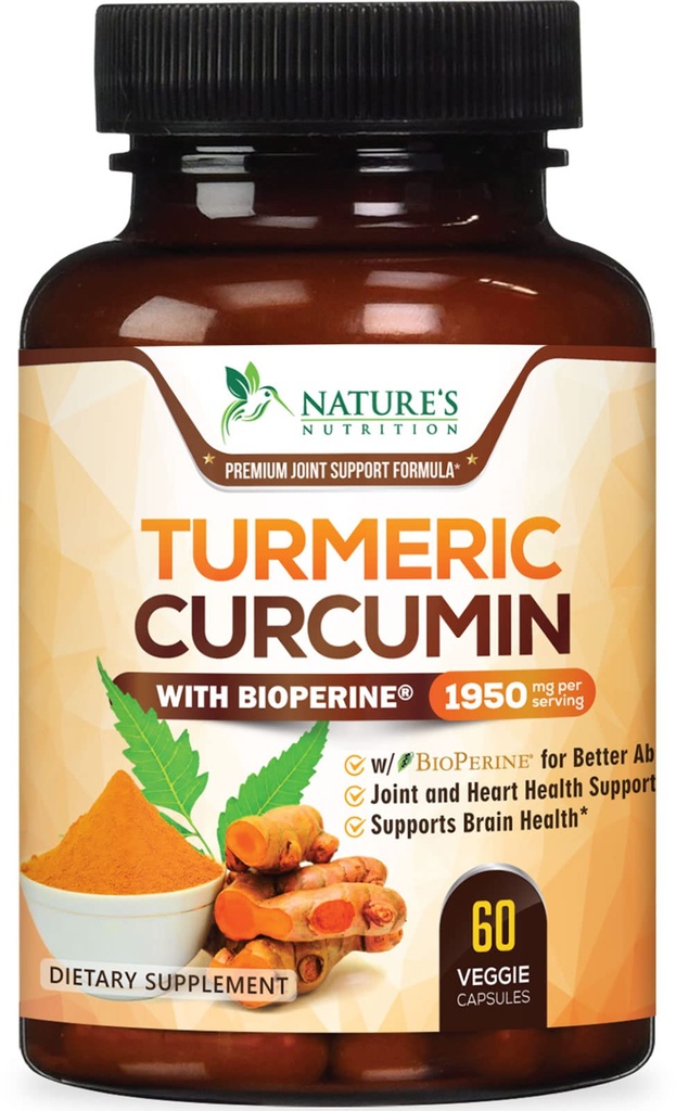 Turmeric Curcumin Supplement 1950mg - 95% Curcuminoids with Organic Turmeric & BioPeric Black Pepper Extract for Best Absorbtion, Nature's Vegan Joint Support, Non-GMO, Bottled in USA - 60 Kapsule