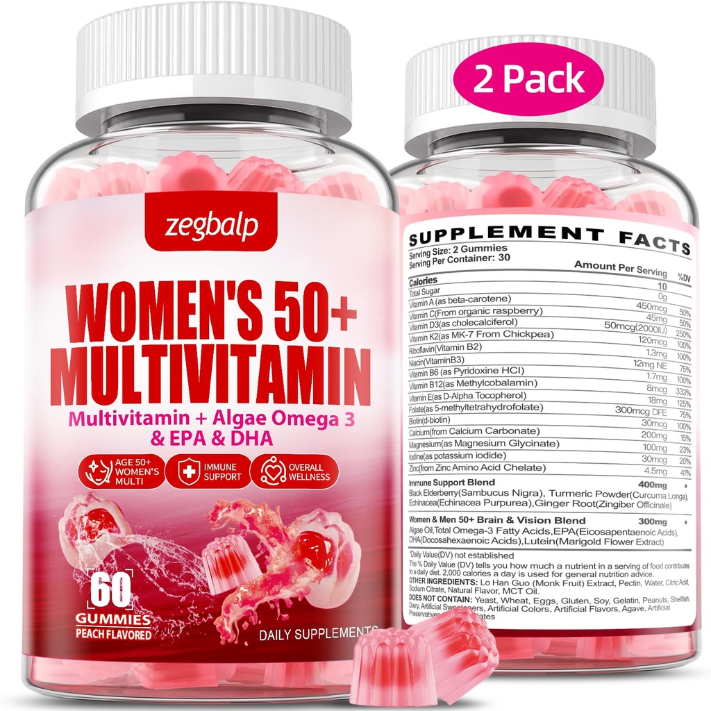 Ženy bez cukru Multivitamín 50 Plus Gumičky s vápnikom, horčíkom, zinkom, vitamínom A, C, D3, E, K2, B komplex, folát, biotín - Multivitamíny a minerály pre pokožku, Energia, Imunitná podpora