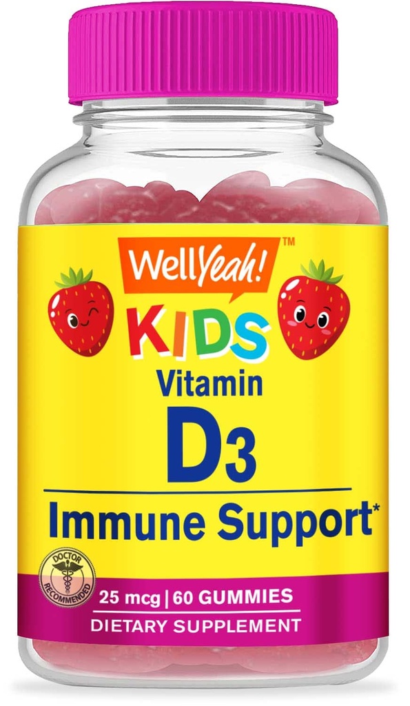 WellYeah Kids Vitamín D3 Gummies - 1000 IU (25 μg) - podporuje silu kostí a imunita - non-GMO, Gluten-free - Jahodová príchuť - Výživové doplnky - 60 Servisov