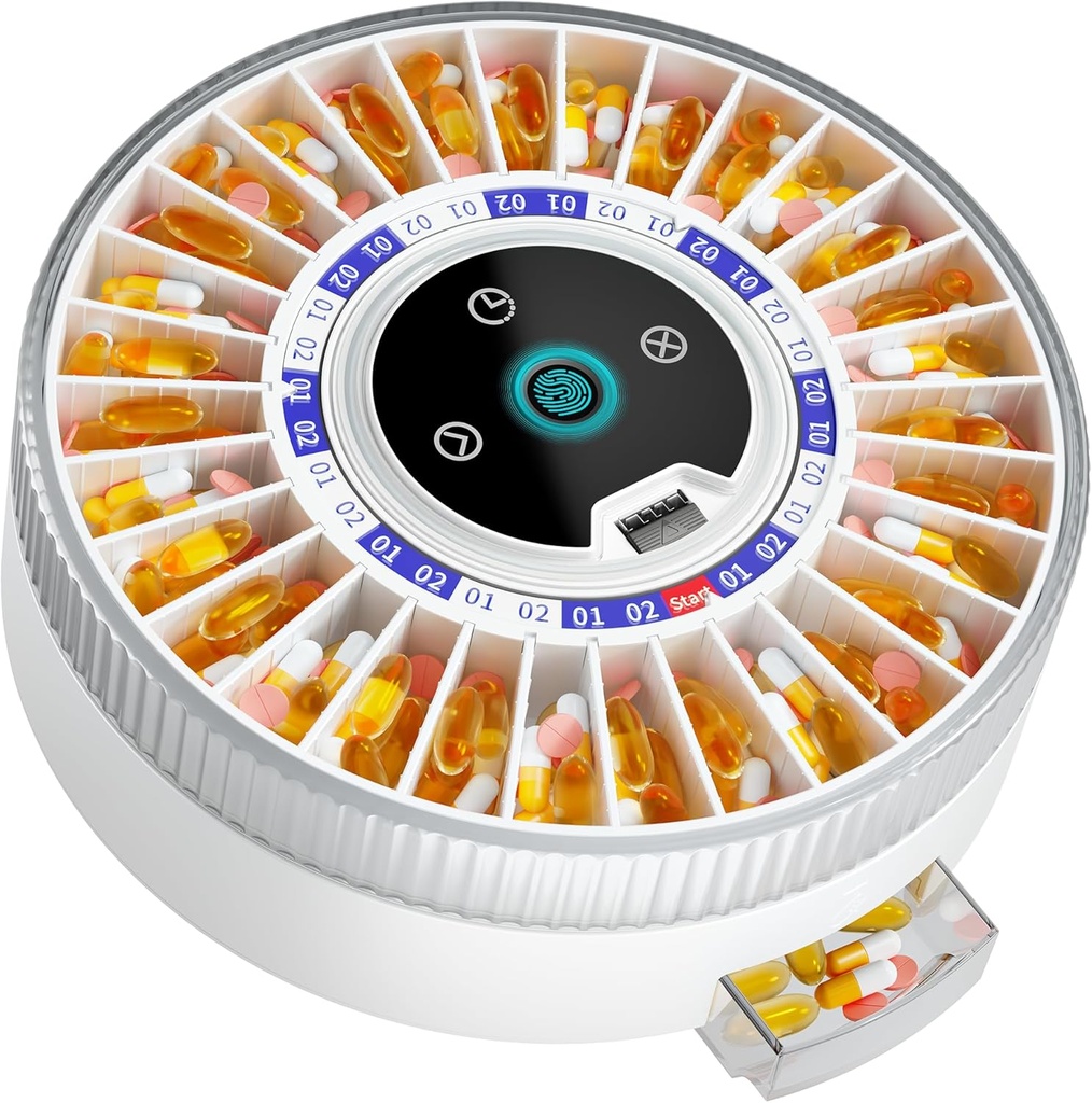 Windtrace® Bluetooth Automatic Pill Dispenser pre staršie osoby s alarmom, inteligentný Pill Dispenser s 31-Slot, Fingerprint & Mechanical Dual Lock Medication Dispenser, Timed Dispenser Machine pre staršie osoby