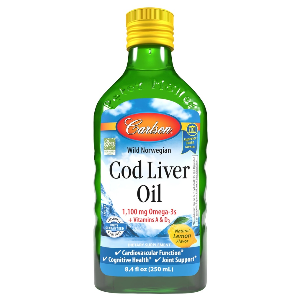 Carlson - Cod Liver Oil, 1100 mg Omega-3s, Liquid Fish Oil Supplement, Wild-Caught Norwegian Arktída, Udržateľne Zdroj Nordic Liquid, Citrón, 250 ml