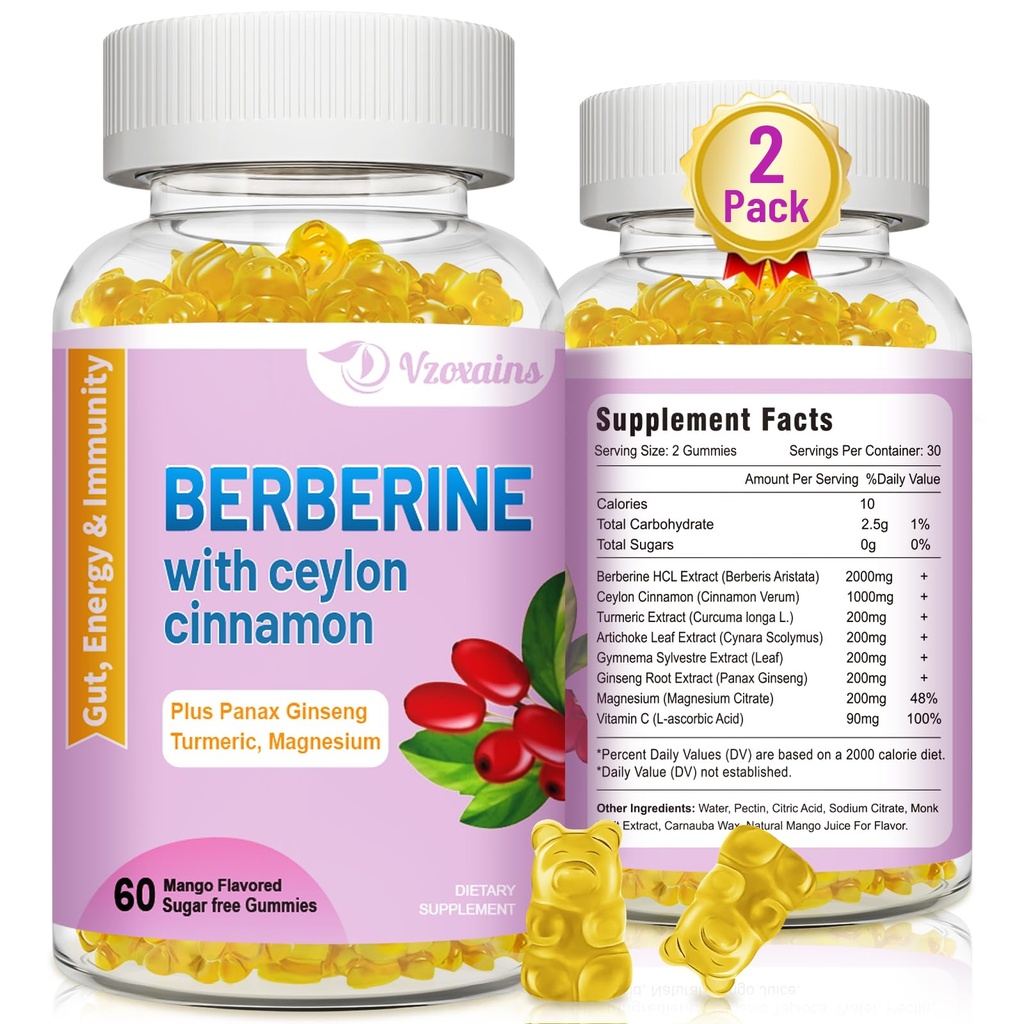 Berberine s cejlónskymi škoricovými guličkami, s vysokou potenciou Berberine HCI Supplement, Immune Health Support, 120 Mango ochutených guličiek