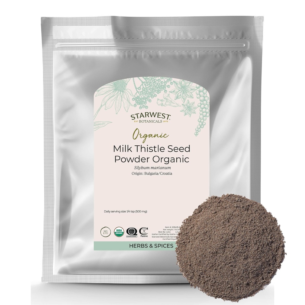 Starwest Botanicals Organic Milk Thitle Seed Powder - mleté mlieko bodka na čaj a varenie, Mix v šťave, Pridať k smoothies, Oatmeal, & Yogart, Certified Košer, Non-GMO - hromadne 1 lb Bag