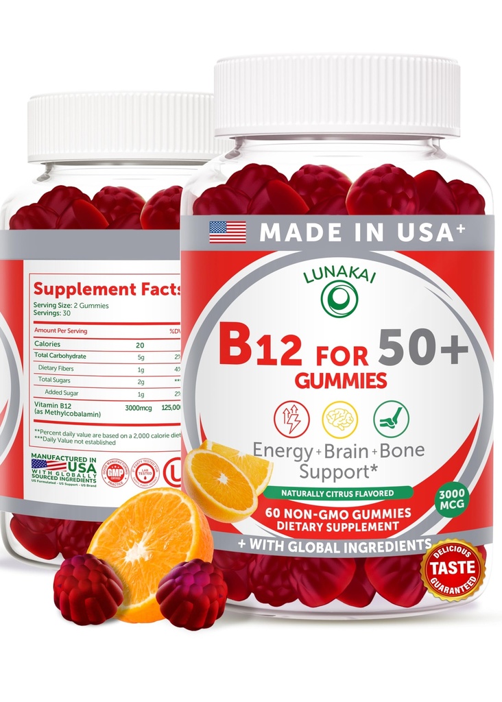 Lunakai USA Vyrobené vitamín B12 Gummy pre dospelých 50+, Non-GMO B12 pre energiu a vitality Boost, lahodná Orange flavor, 60ct